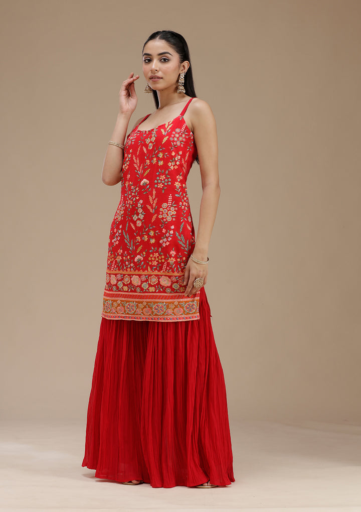 Red Threadwork Georgette Readymade Salwar Suit