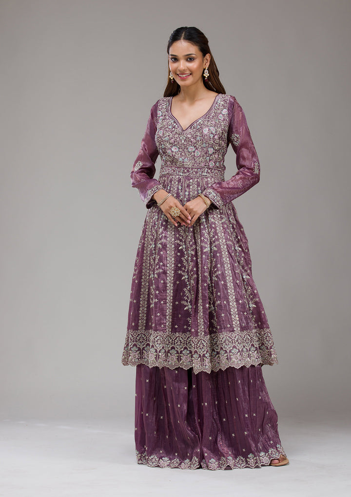 Mauve Zariwork (Gold) Organza Readymade salwar suit