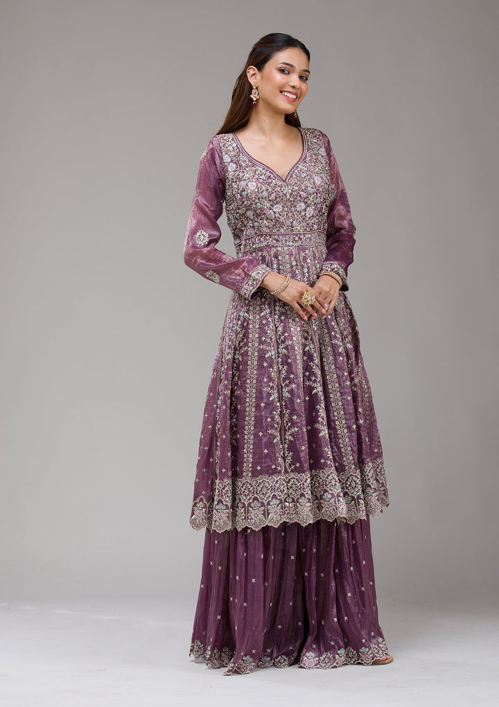 Mauve Zariwork (Gold) Organza Readymade salwar suit