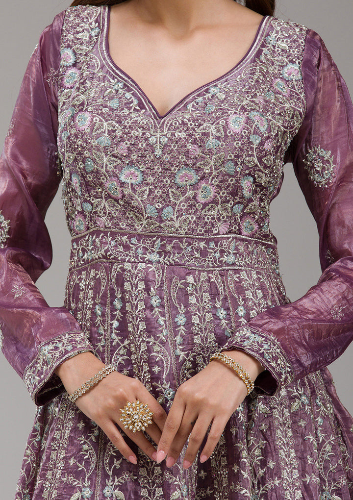Mauve Zariwork (Gold) Organza Readymade salwar suit