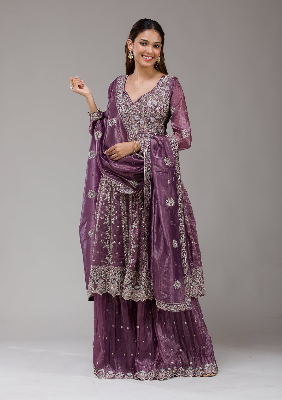 Mauve Zariwork (Gold) Organza Readymade salwar suit