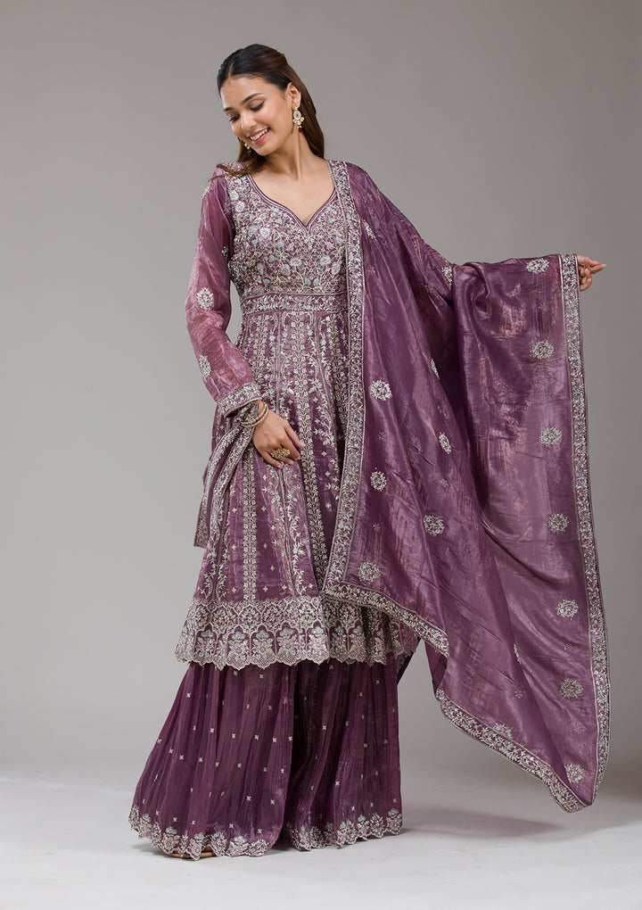 Mauve Zariwork (Gold) Organza Readymade salwar suit
