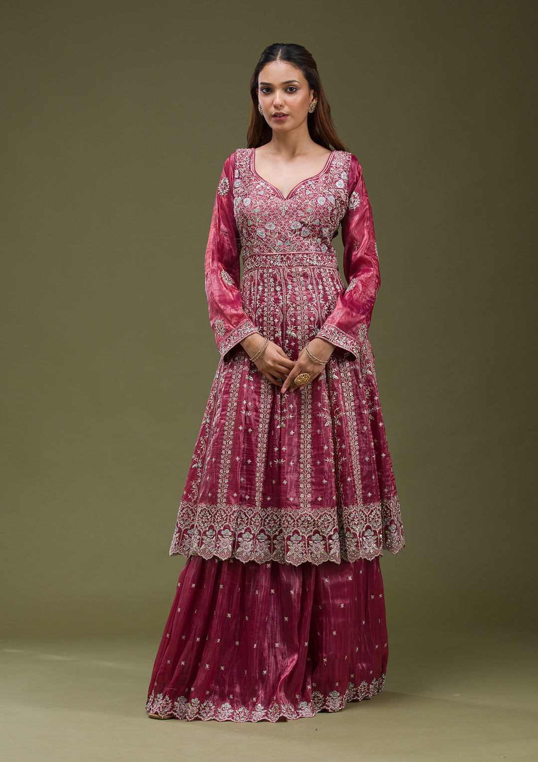 Onion Pink Zariwork (Gold) Organza Readymade salwar suit