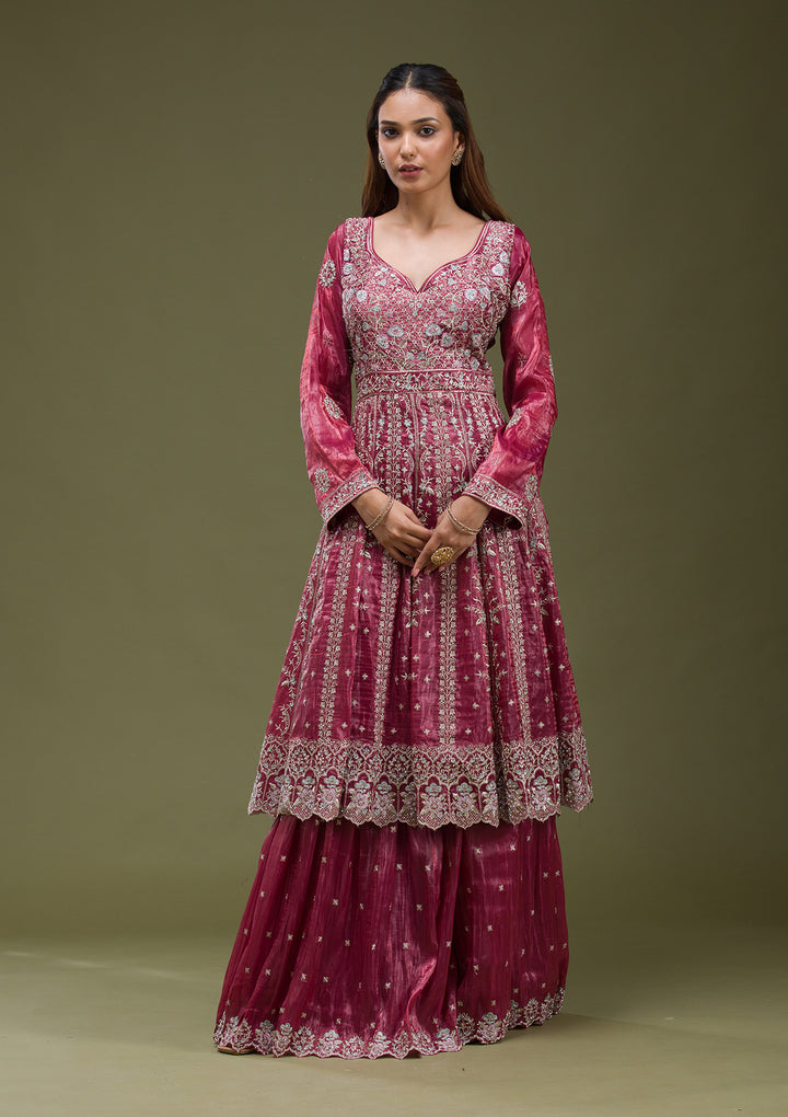 Onion Pink Zariwork (Gold) Organza Readymade salwar suit