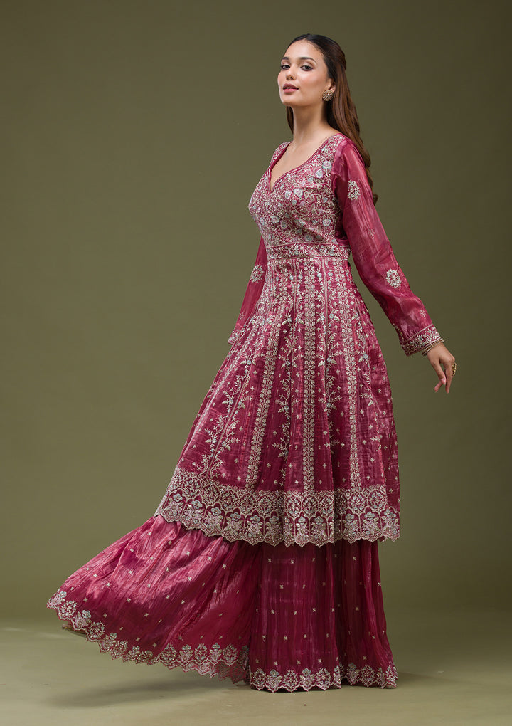 Onion Pink Zariwork (Gold) Organza Readymade salwar suit