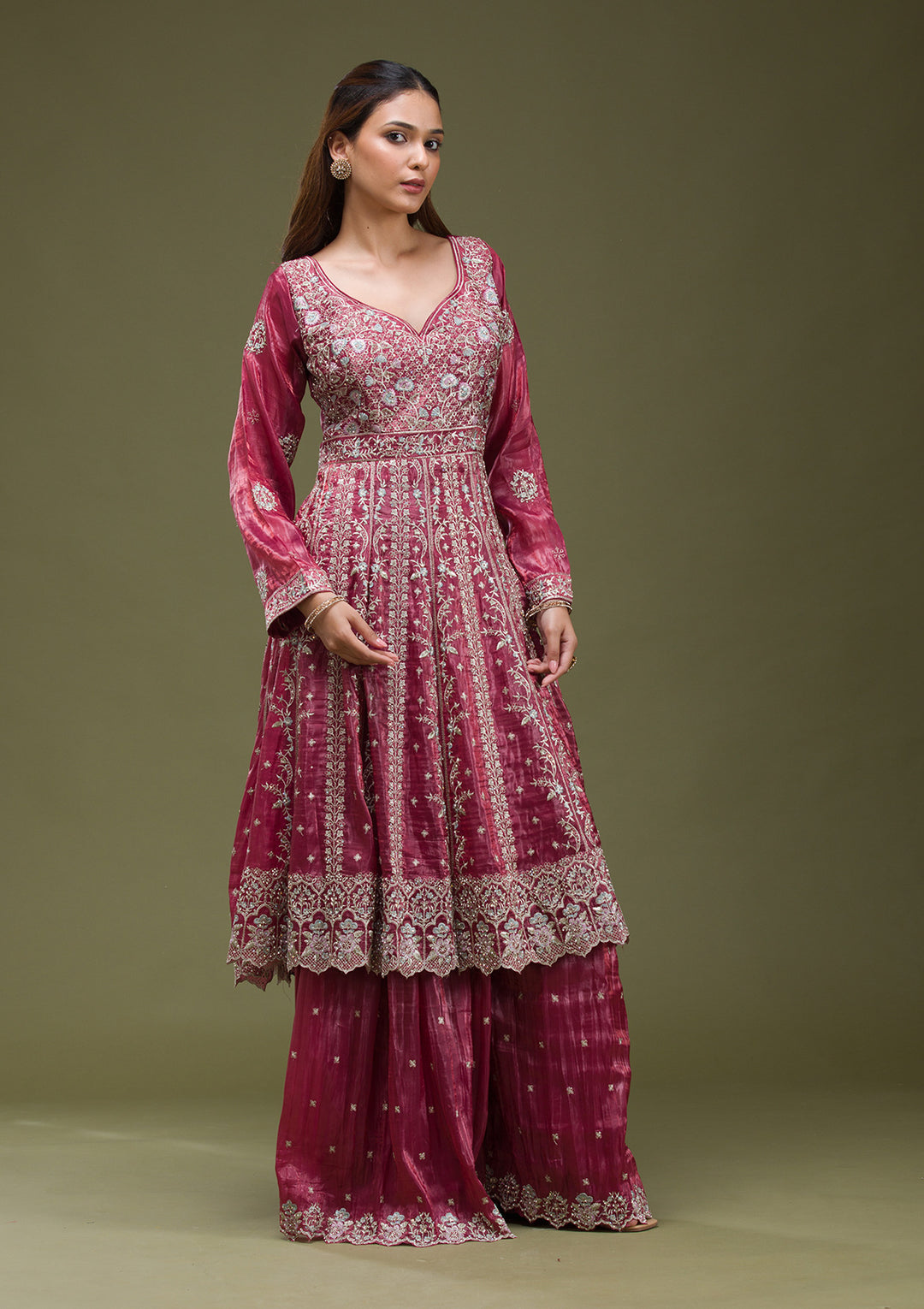 Onion Pink Zariwork (Gold) Organza Readymade salwar suit