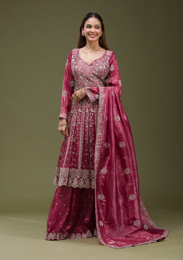 Onion Pink Zariwork (Gold) Organza Readymade salwar suit