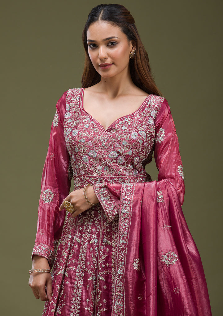 Onion Pink Zariwork (Gold) Organza Readymade salwar suit