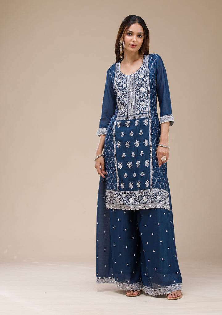 Navy Blue Threadwork Chinon Readymade salwar suit
