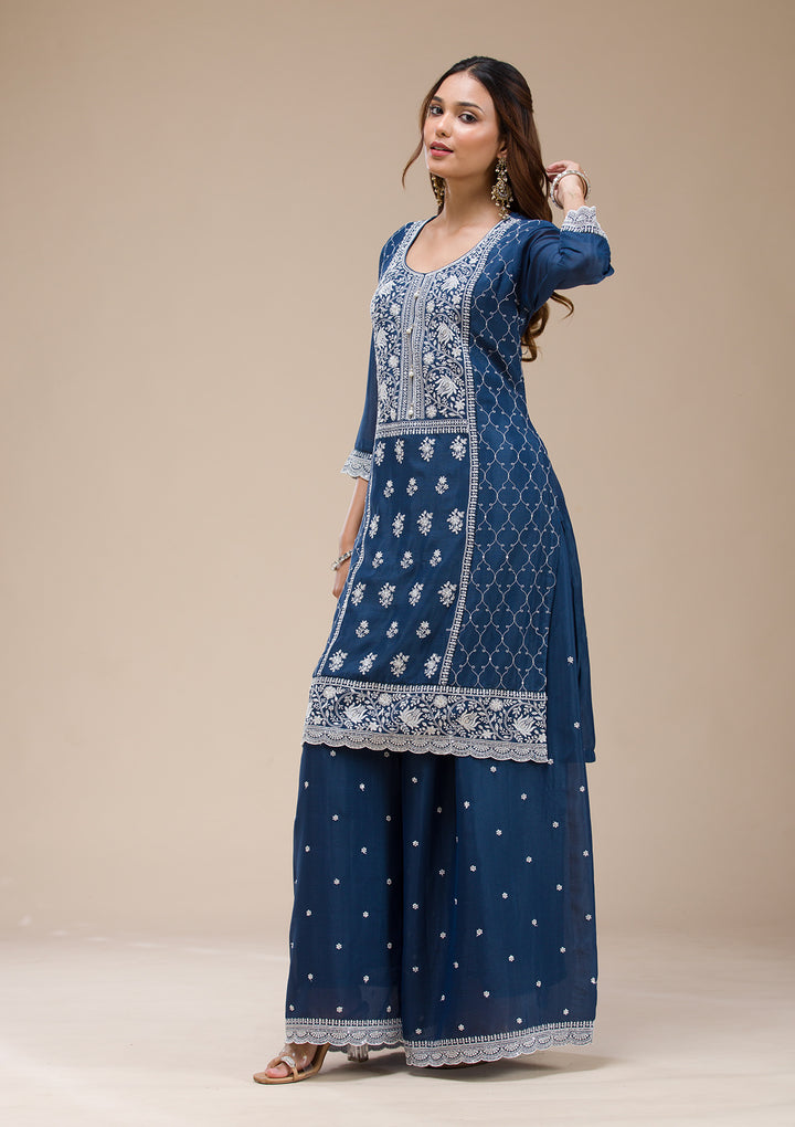 Navy Blue Threadwork Chinon Readymade salwar suit