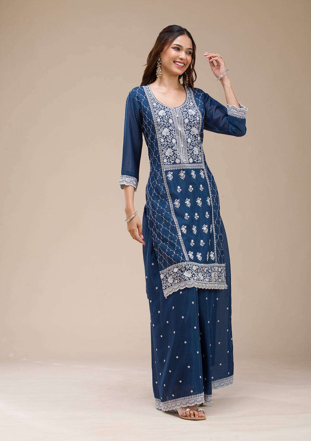 Navy Blue Threadwork Chinon Readymade salwar suit