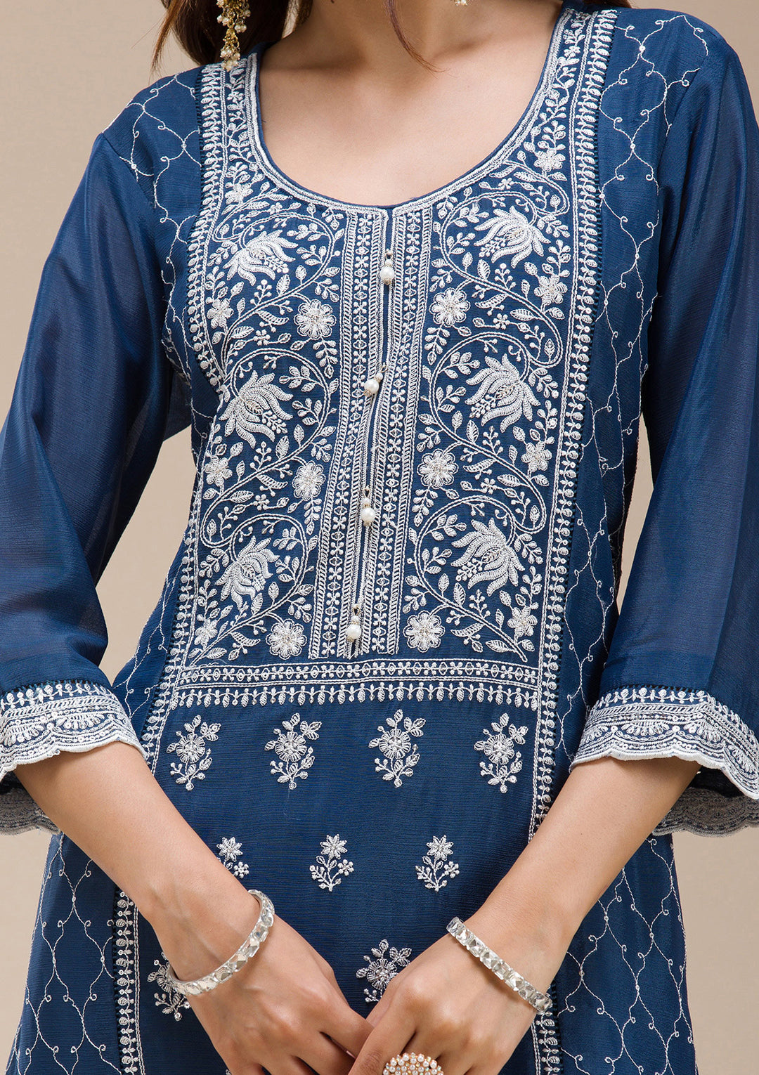 Navy Blue Threadwork Chinon Readymade salwar suit
