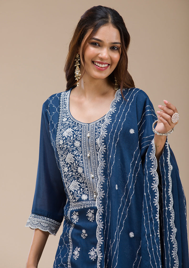 Navy Blue Threadwork Chinon Readymade salwar suit