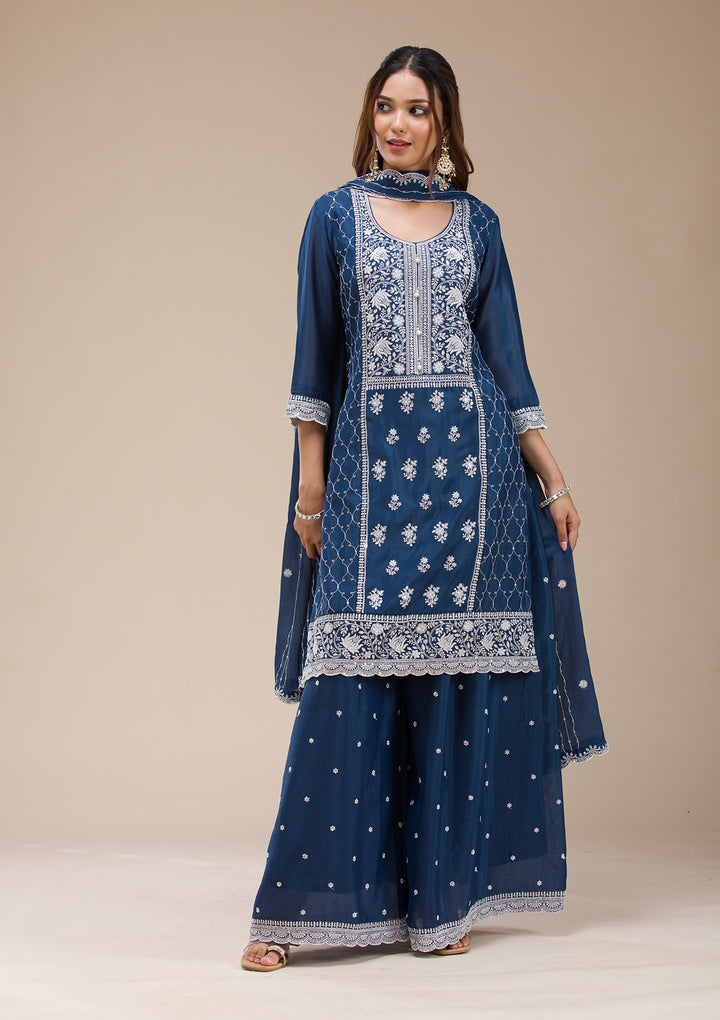 Navy Blue Threadwork Chinon Readymade salwar suit
