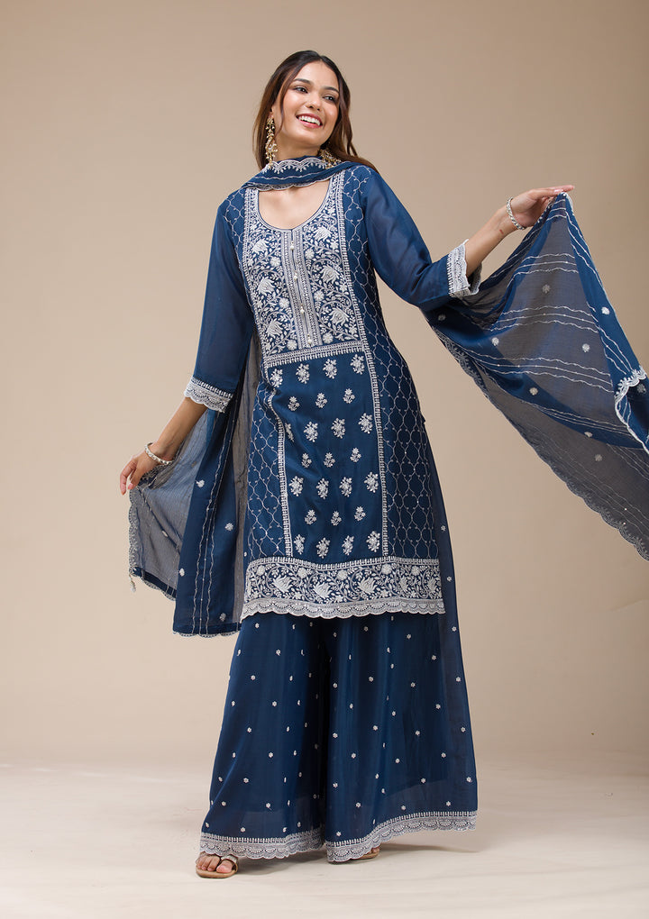 Navy Blue Threadwork Chinon Readymade salwar suit