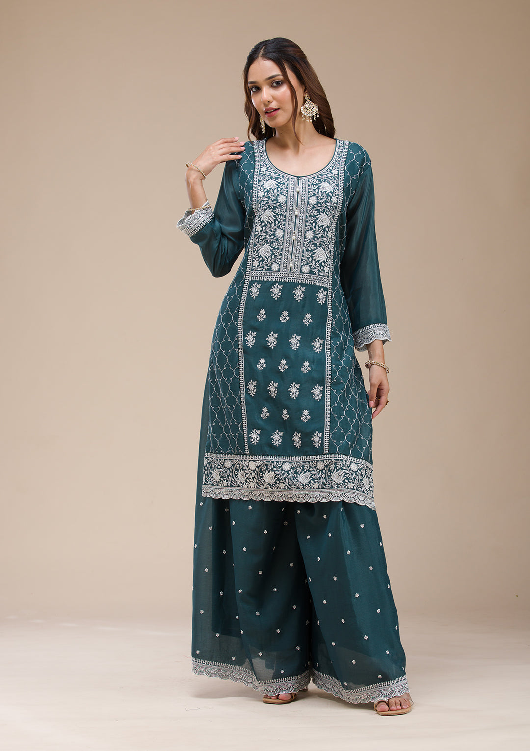Teal Green Threadwork Chinon Readymade salwar suit