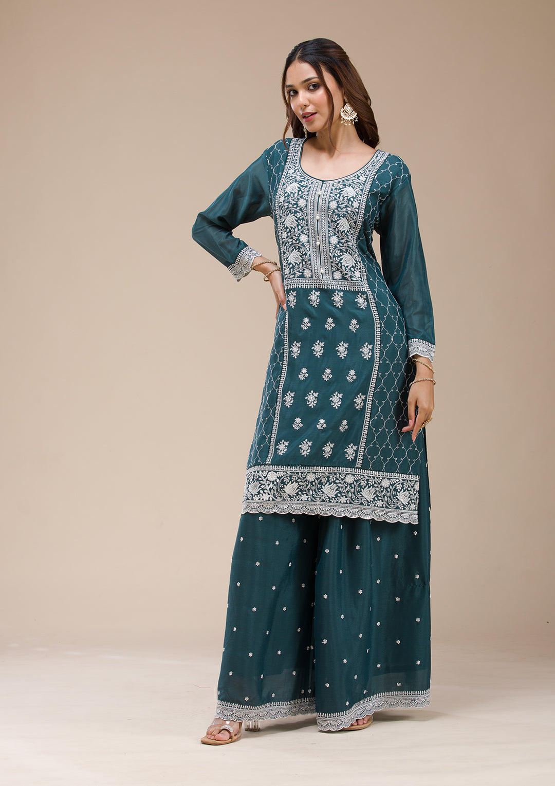 Teal Green Threadwork Chinon Readymade salwar suit