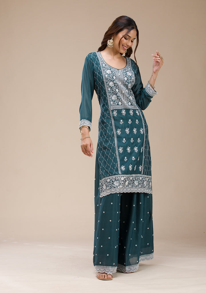 Teal Green Threadwork Chinon Readymade salwar suit