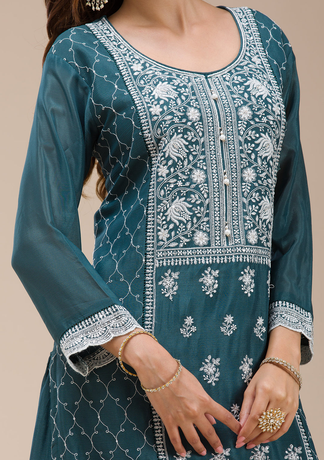 Teal Green Threadwork Chinon Readymade salwar suit