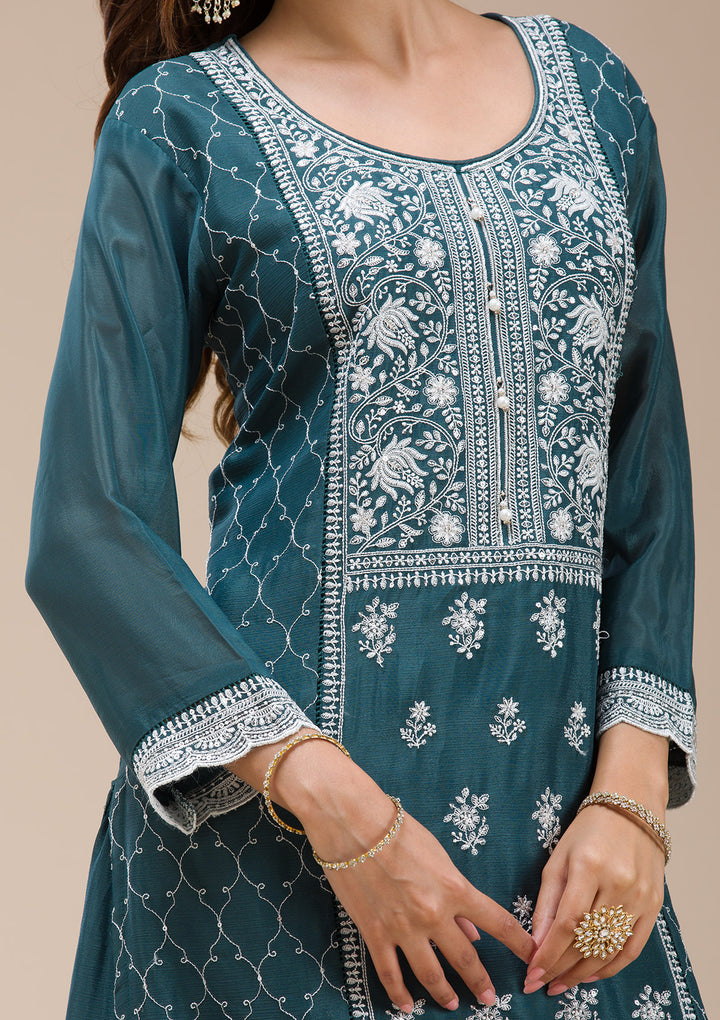 Teal Green Threadwork Chinon Readymade salwar suit