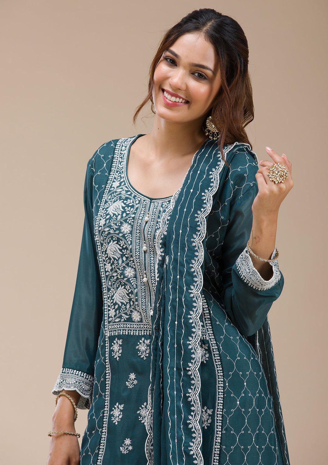 Teal Green Threadwork Chinon Readymade salwar suit
