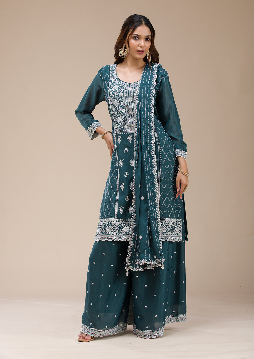 Teal Green Threadwork Chinon Readymade salwar suit
