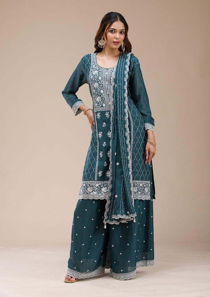 Teal Green Threadwork Chinon Readymade salwar suit