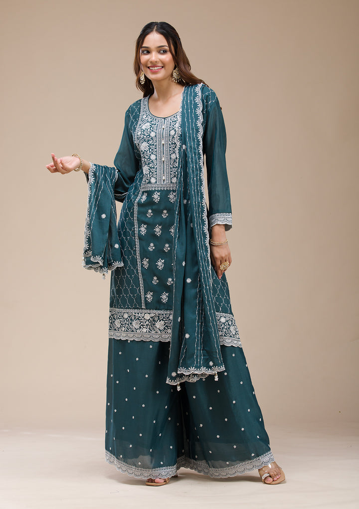 Teal Green Threadwork Chinon Readymade salwar suit