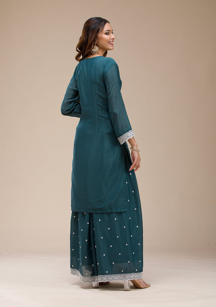Teal Green Threadwork Chinon Readymade salwar suit