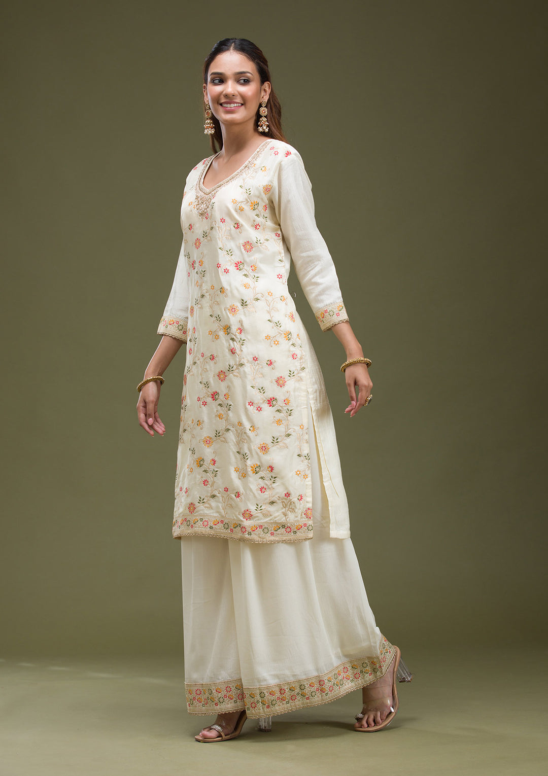 Off White Cording Dola Silk Readymade salwar suit