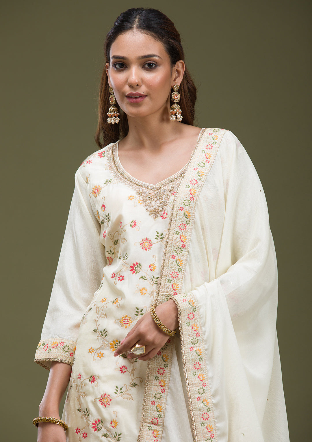 Off White Cording Dola Silk Readymade salwar suit