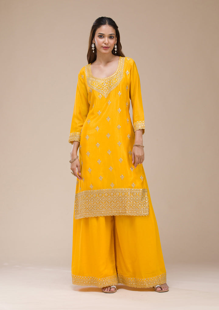 Mustard Yellow Zariwork (Gold) Chinon Readymade salwar suit