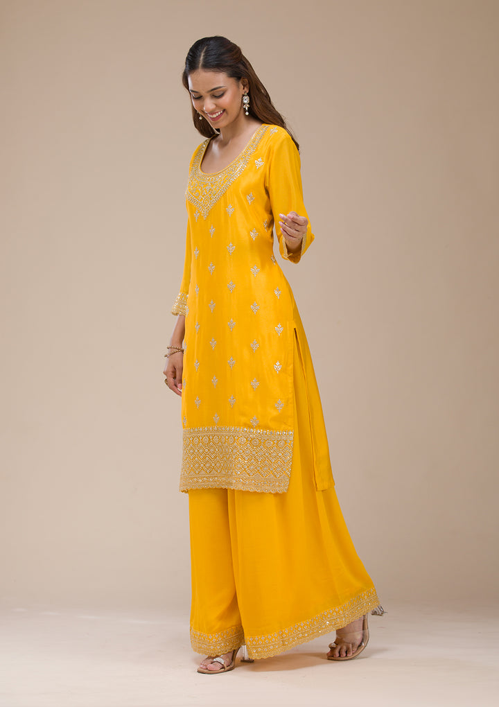 Mustard Yellow Zariwork (Gold) Chinon Readymade salwar suit