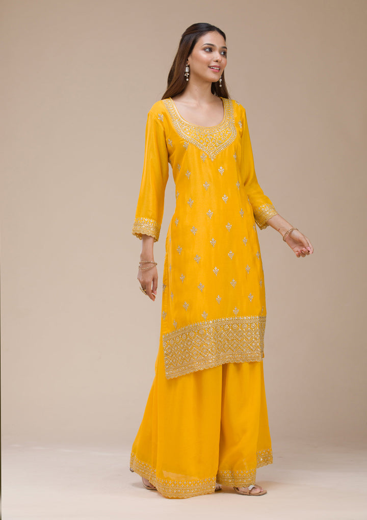 Mustard Yellow Zariwork (Gold) Chinon Readymade salwar suit