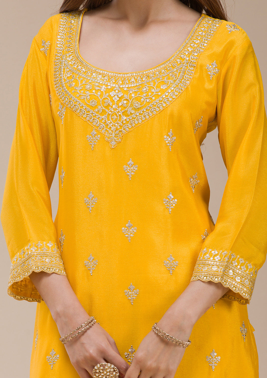 Mustard Yellow Zariwork (Gold) Chinon Readymade salwar suit
