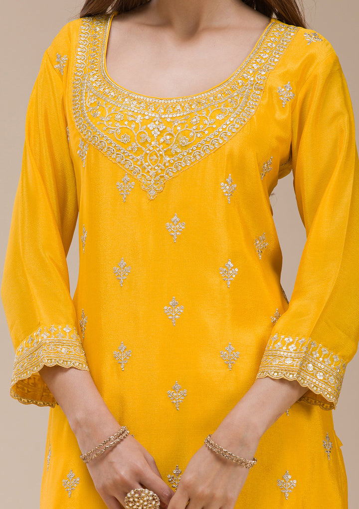 Mustard Yellow Zariwork (Gold) Chinon Readymade salwar suit
