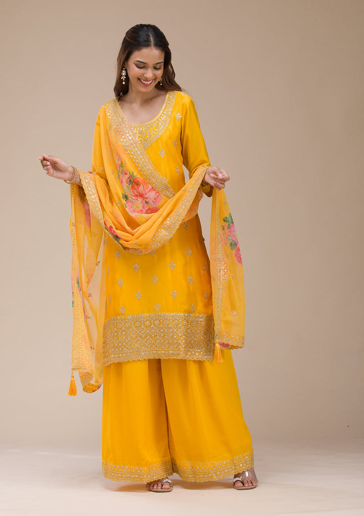 Mustard Yellow Zariwork (Gold) Chinon Readymade salwar suit