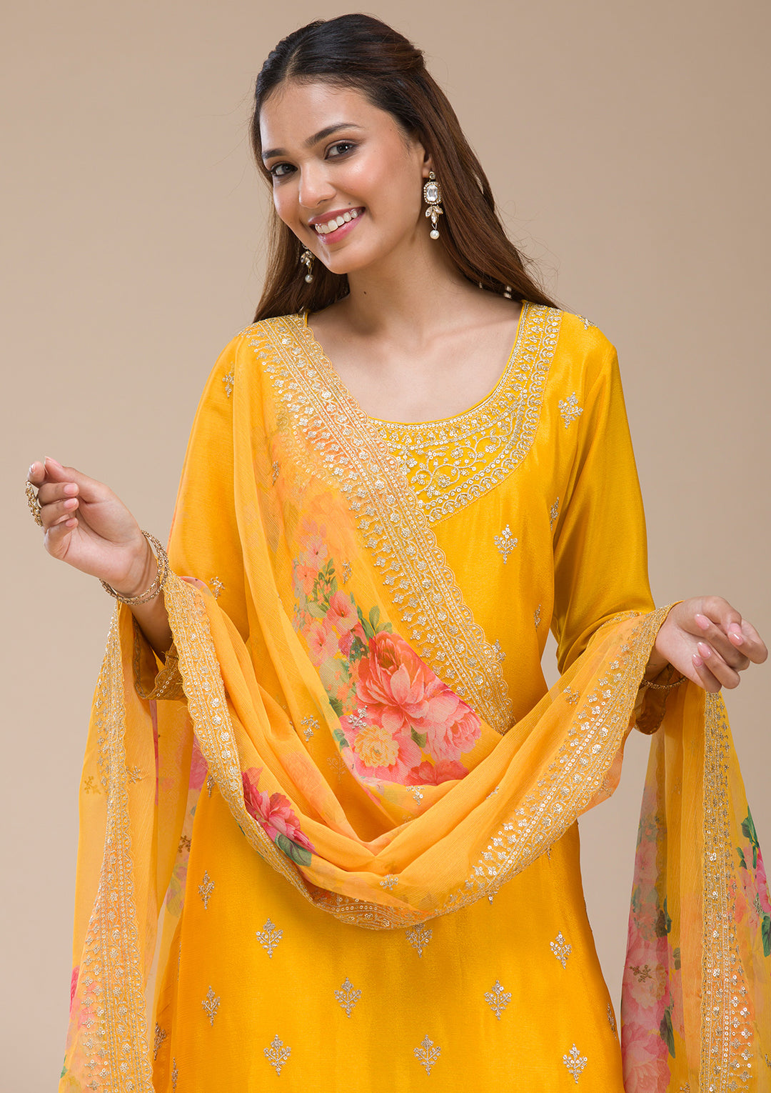 Mustard Yellow Zariwork (Gold) Chinon Readymade salwar suit