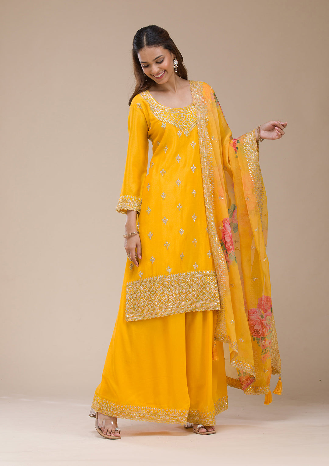 Mustard Yellow Zariwork (Gold) Chinon Readymade salwar suit