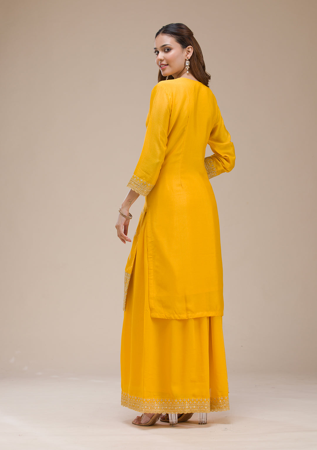 Mustard Yellow Zariwork (Gold) Chinon Readymade salwar suit