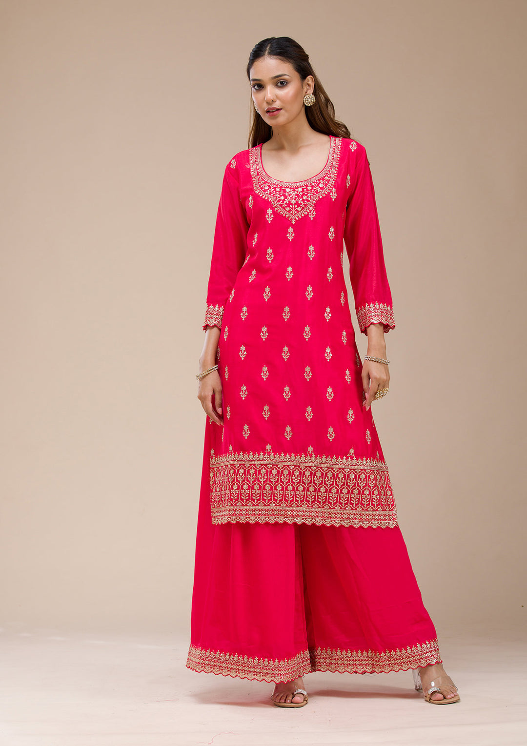 Red Zariwork (Gold) Chinon Readymade salwar suit
