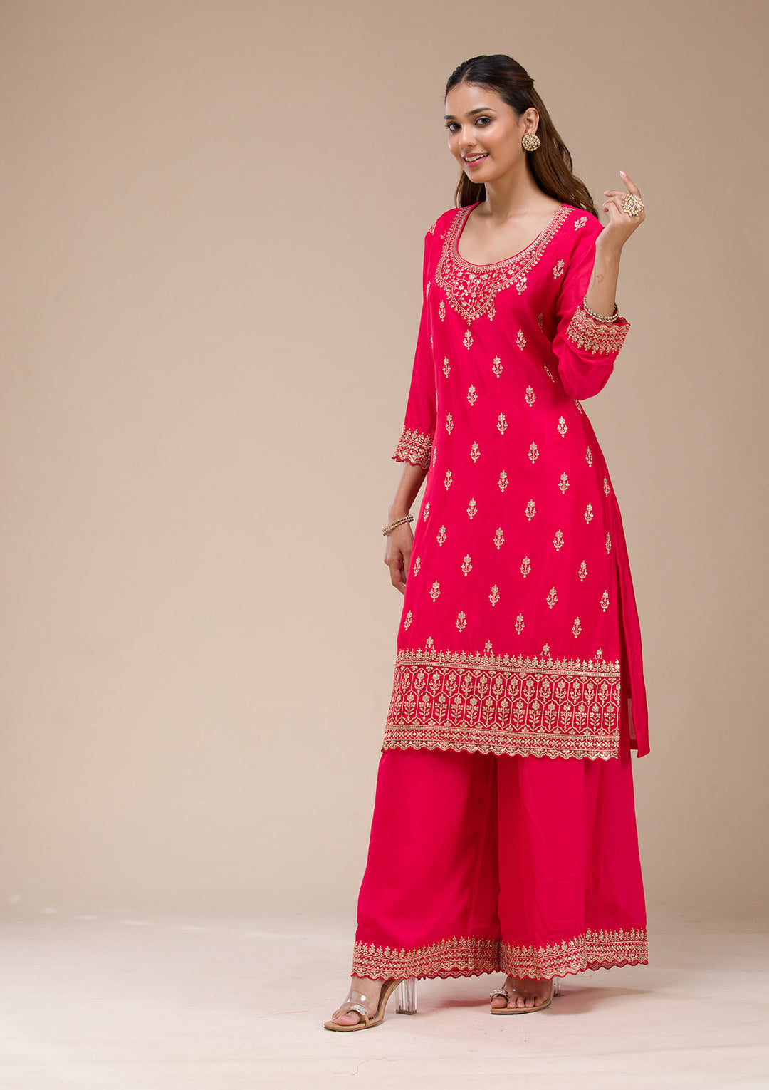 Red Zariwork (Gold) Chinon Readymade salwar suit