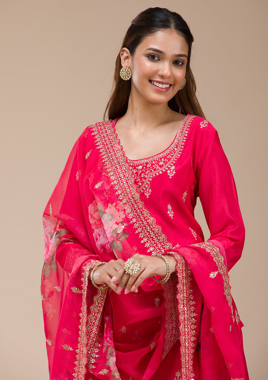 Red Zariwork (Gold) Chinon Readymade salwar suit