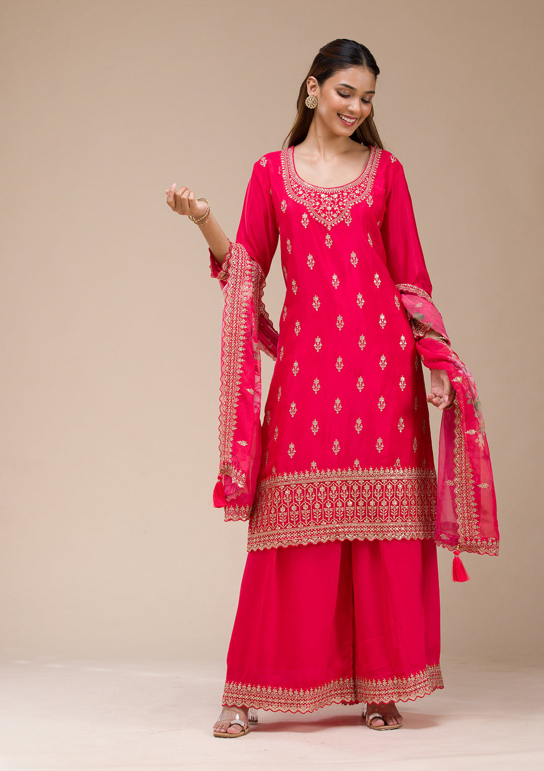 Red Zariwork (Gold) Chinon Readymade salwar suit
