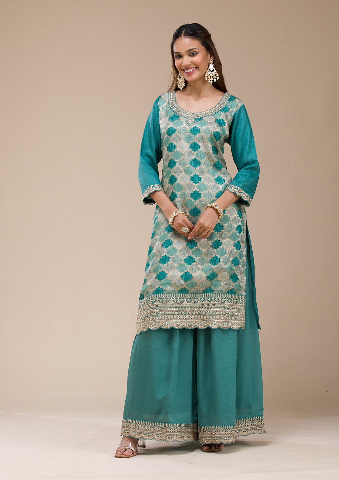 Sea Green Cording Dola Silk Readymade salwar suit