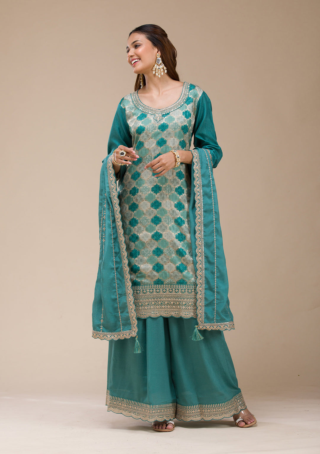 Sea Green Cording Dola Silk Readymade salwar suit
