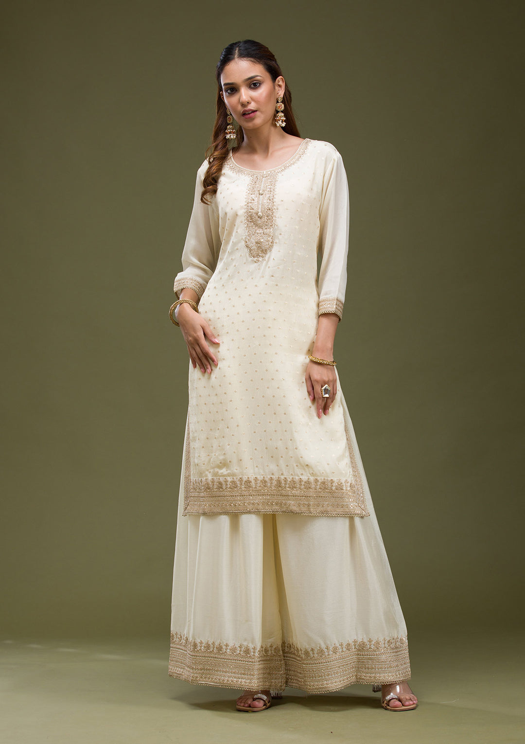 Beige Cording Chinon Readymade salwar suit