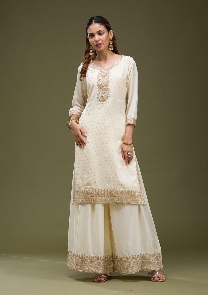 Beige Cording Chinon Readymade salwar suit