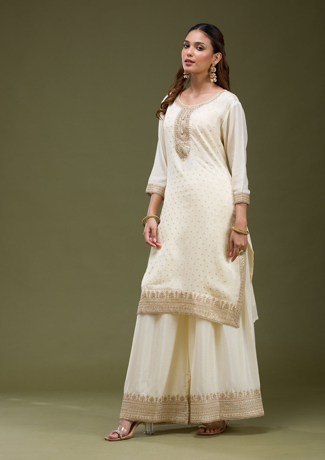 Beige Cording Chinon Readymade salwar suit