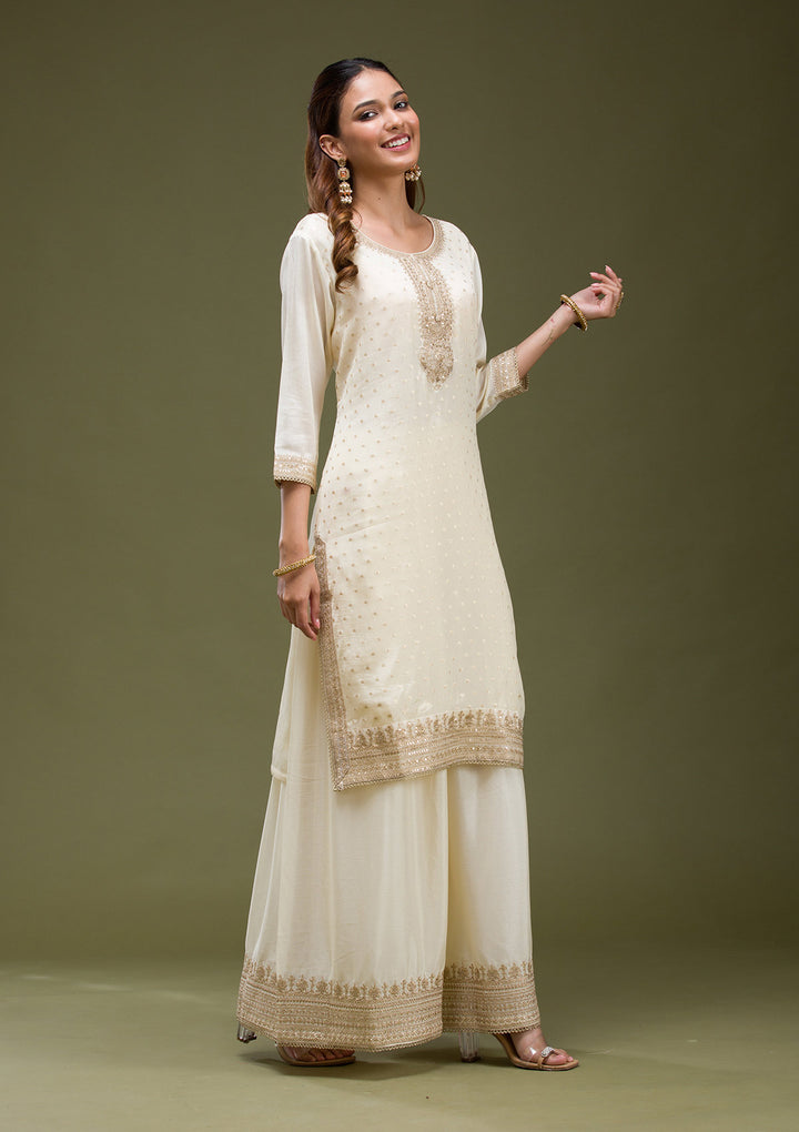 Beige Cording Chinon Readymade salwar suit